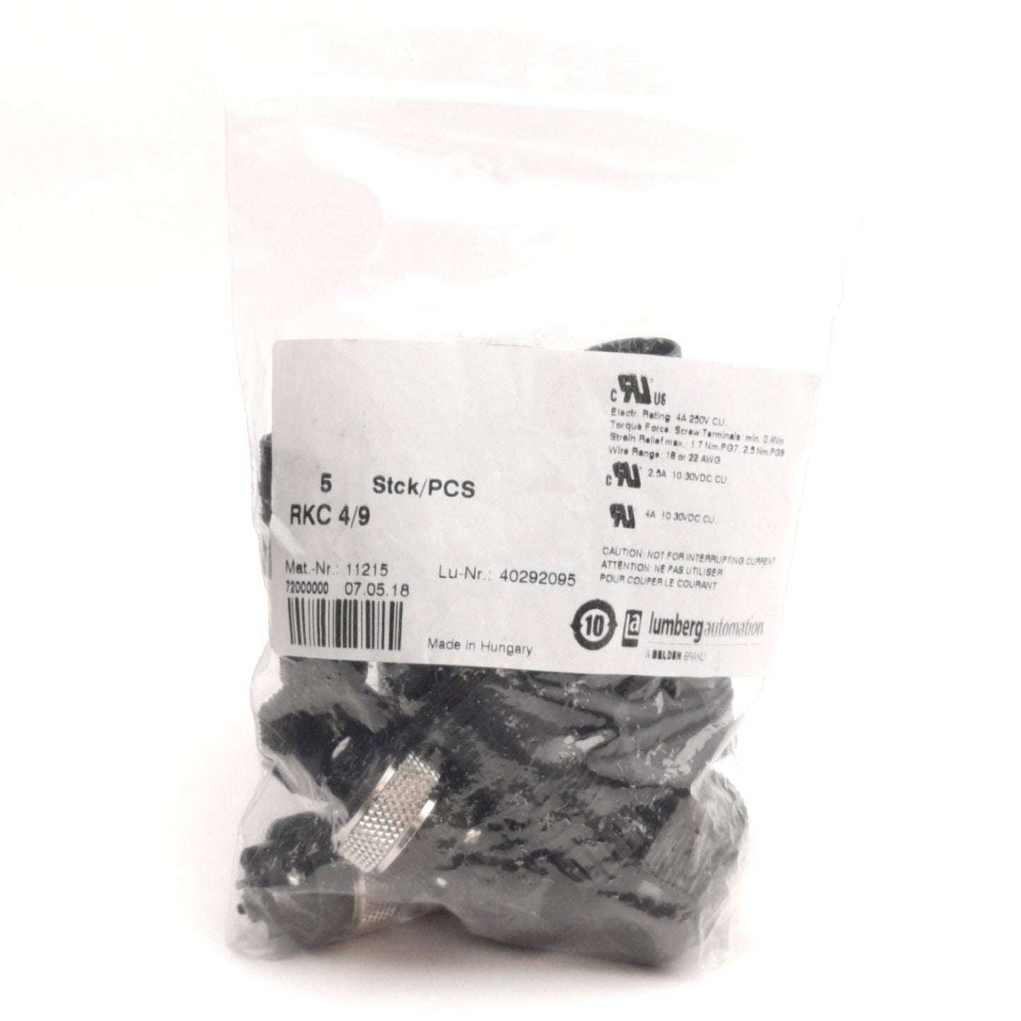 New Lot of 5 Lumberg Automation RKC 4/9 Field Attachable Connector, Female M12 4-Pin