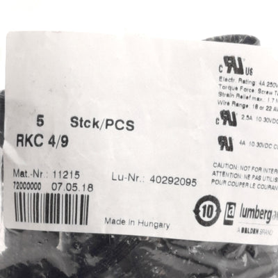 New Lot of 5 Lumberg Automation RKC 4/9 Field Attachable Connector, Female M12 4-Pin