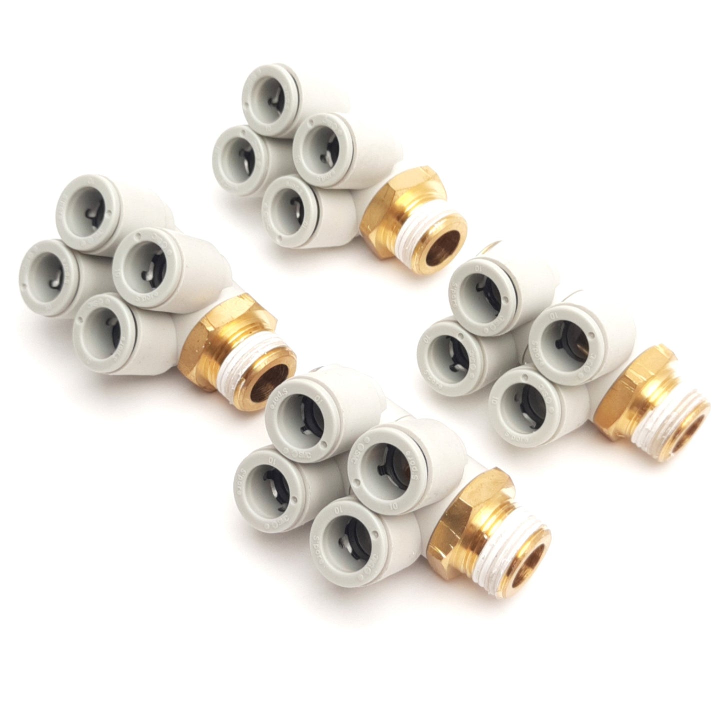 Used Lot of 4 SMC KQ2ZD10-03AS Double Branch Male Elbow, 10mm P2C to R3/8, 1MPa Max