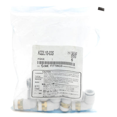 New Lot of 5 SMC KQ2L10-03S Male Elbow Fitting, 10mm P2C to R3/8, 1MPa Max