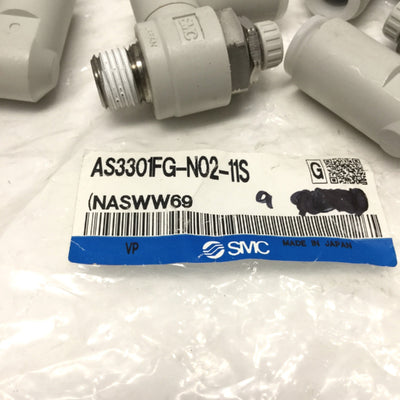 New Lot of 9 SMC AS3301FG-N02-11S Elbow Speed Control Fittings 1/4" NPT x Ø3/8" Tube