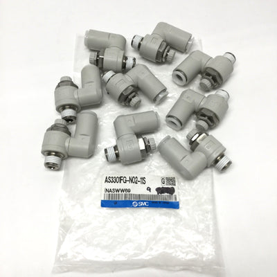 New Lot of 9 SMC AS3301FG-N02-11S Elbow Speed Control Fittings 1/4" NPT x Ø3/8" Tube