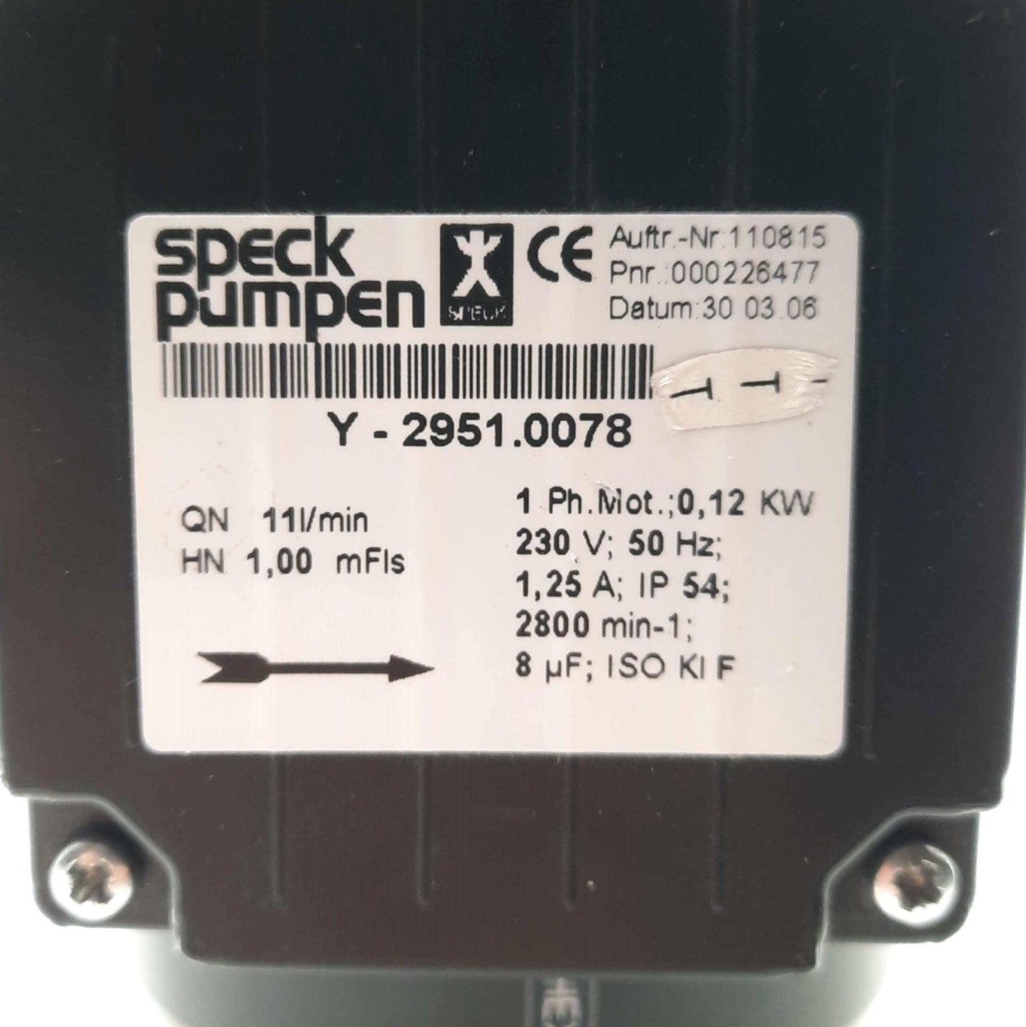 Used Speck Pumps Y-2951.0078 Water Pump 11l/min 1-Phase 230VAC for Rofin Starweld 40