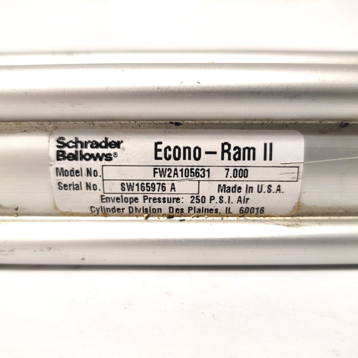 Used Schrader Bellows FW2A105631 Econo-Ram II Pneumatic Cylinder 7" Stroke 3/8" Ports