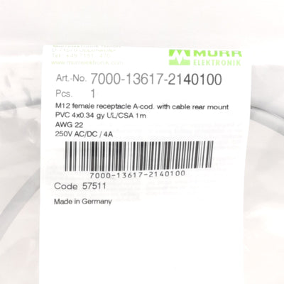New MurrElektronik 7000-13617-2140100 Panel Mount Receptacle, M12 4-Pin F, 250V 4A