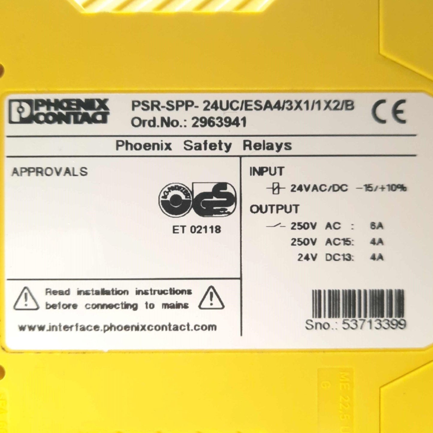 Used Phoenix Contact PSR-SPP-24UC/ESA4/3X1/1X2/B Dual-Channel Safety Relay 24VDC