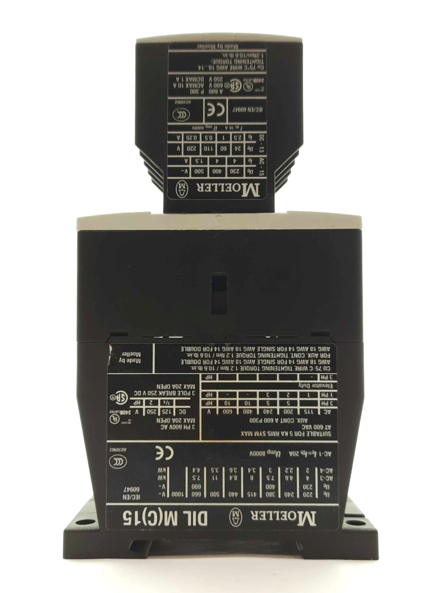 Used Moeller DILM15-10 IEC Contactor, 3-Pole 600VAC 15A, 3x NO 2x NC Aux, 24VDC Coil