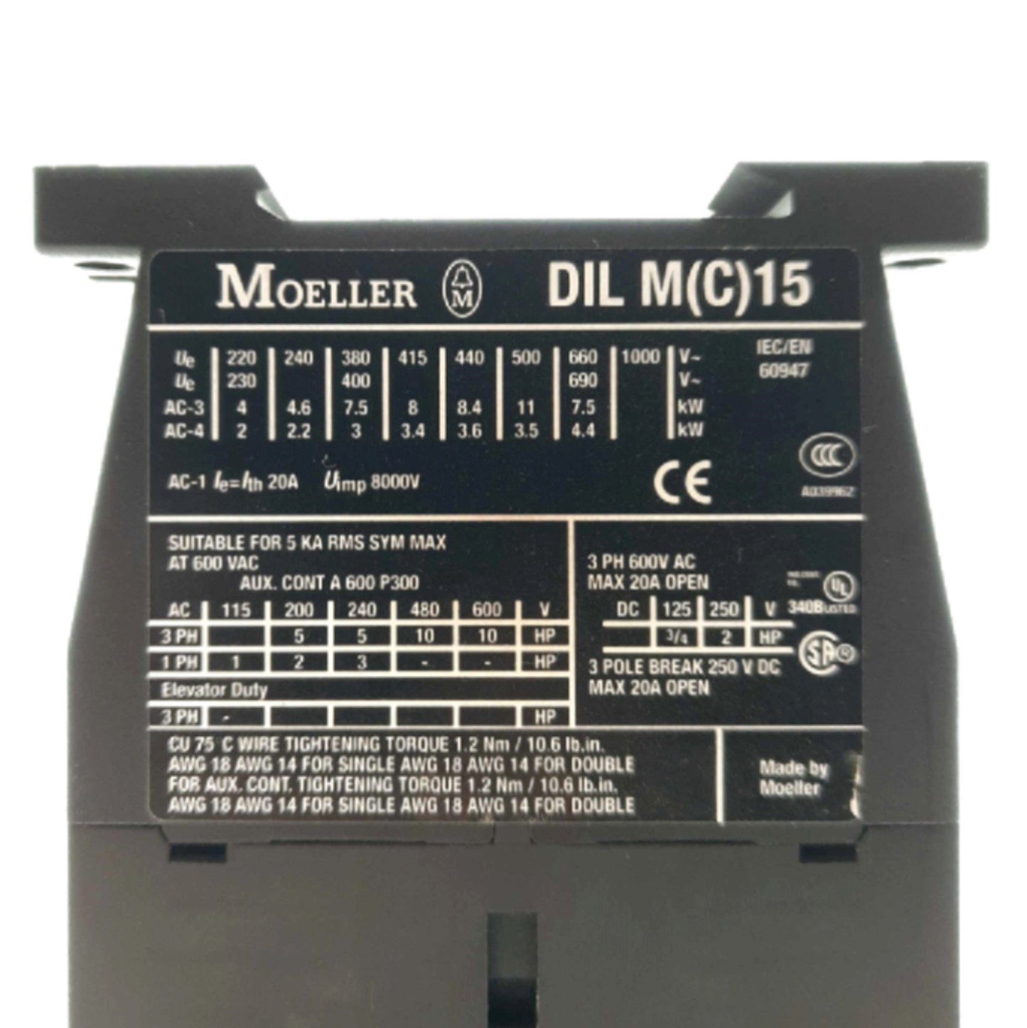 Used Moeller DILM15-10 IEC Contactor, 3-Pole 600VAC 15A, 3x NO 2x NC Aux, 24VDC Coil