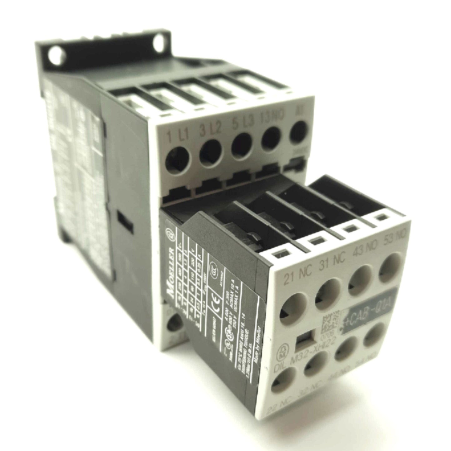 Used Moeller DILM15-10 IEC Contactor, 3-Pole 600VAC 15A, 3x NO 2x NC Aux, 24VDC Coil