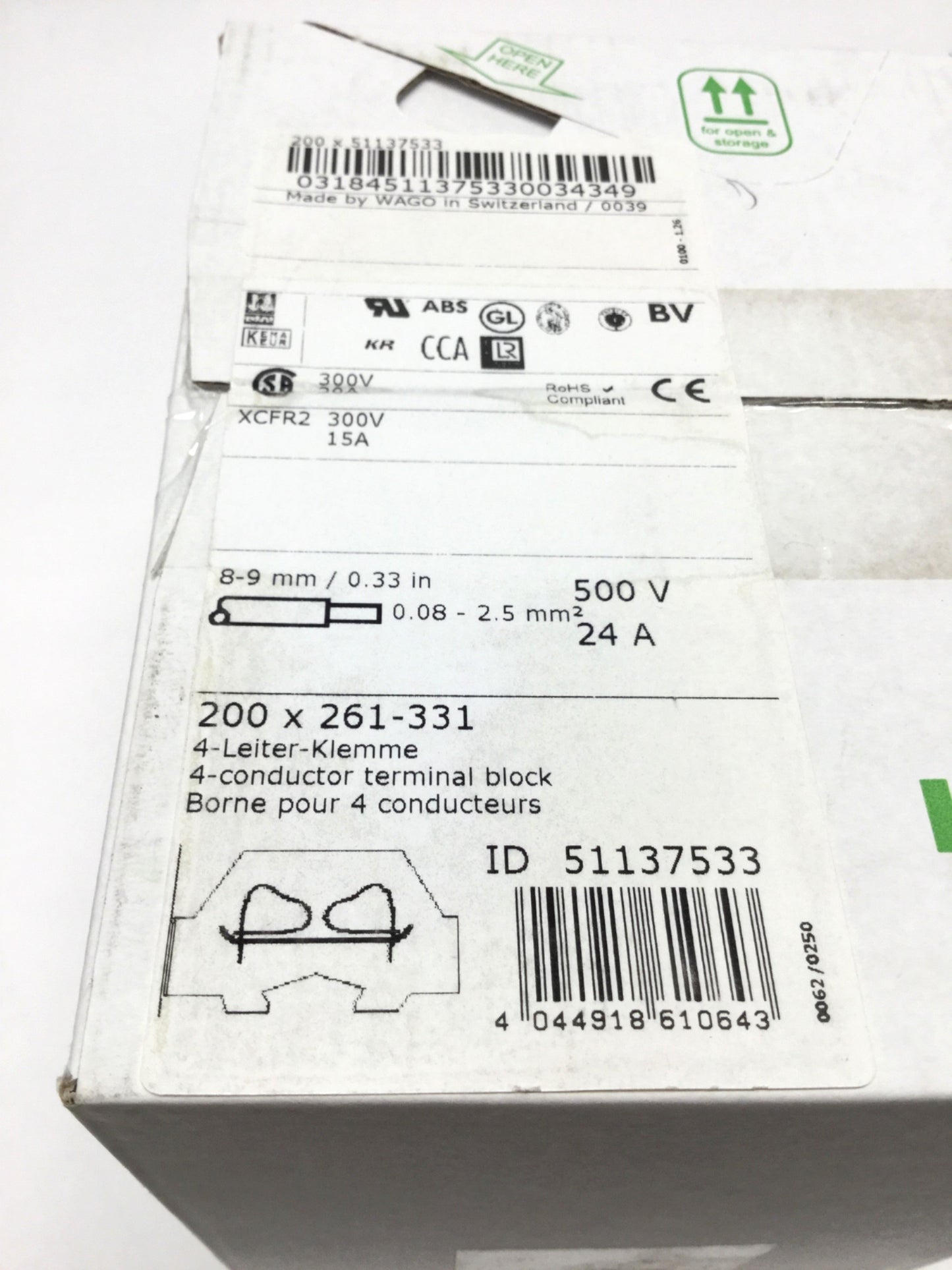 New Lot of 200 Wago 261-331 4-Conductor Terminal Blocks, 1-Pole, 500V 24A, Flange