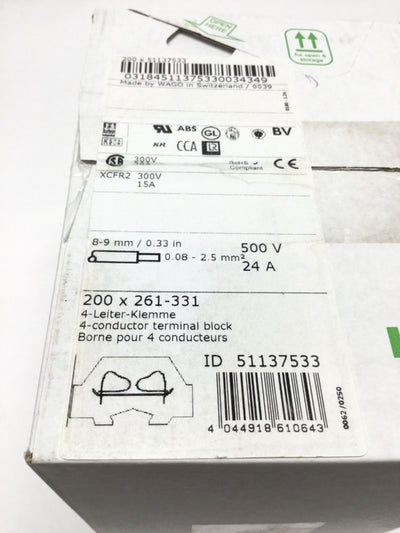 New Lot of 200 Wago 261-331 4-Conductor Terminal Blocks, 1-Pole, 500V 24A, Flange