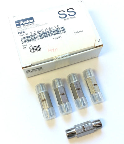 New Box of 5 Parker 2-2 MHLN-SS Hex Nipple 1/8" MNPT, 9100PSIG, 316SS, 1.5" Long