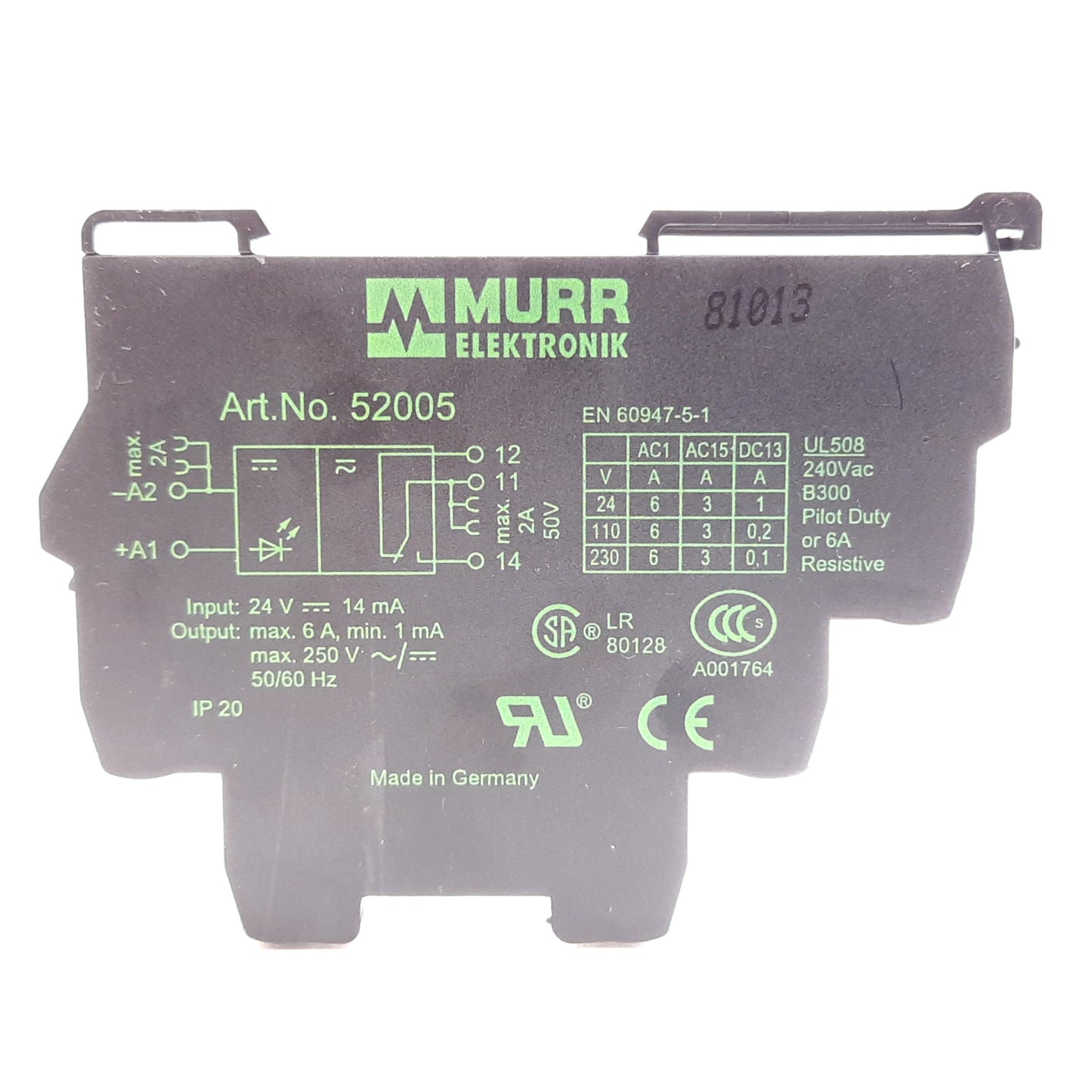 Used Murr Elektronik 52005 Relay, SPDT, Input: 24VDC, Output: 6A 250VAC/DC