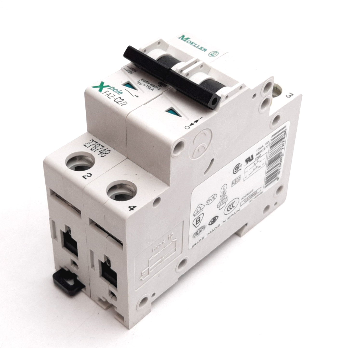 Used Moeller FAZ-C2/2 Circuit Breaker, 2-Pole, Rating: 2A 415VAC 60VDC, DIN Rail
