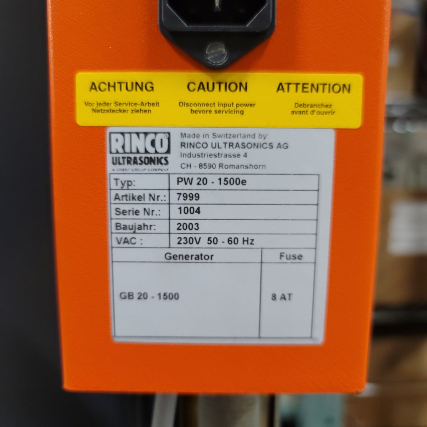Used Rinco Ultrasonics PW20-1500e Perfect Weld Ultrasonic Welder 20KHz, 1.5kW, 230VAC