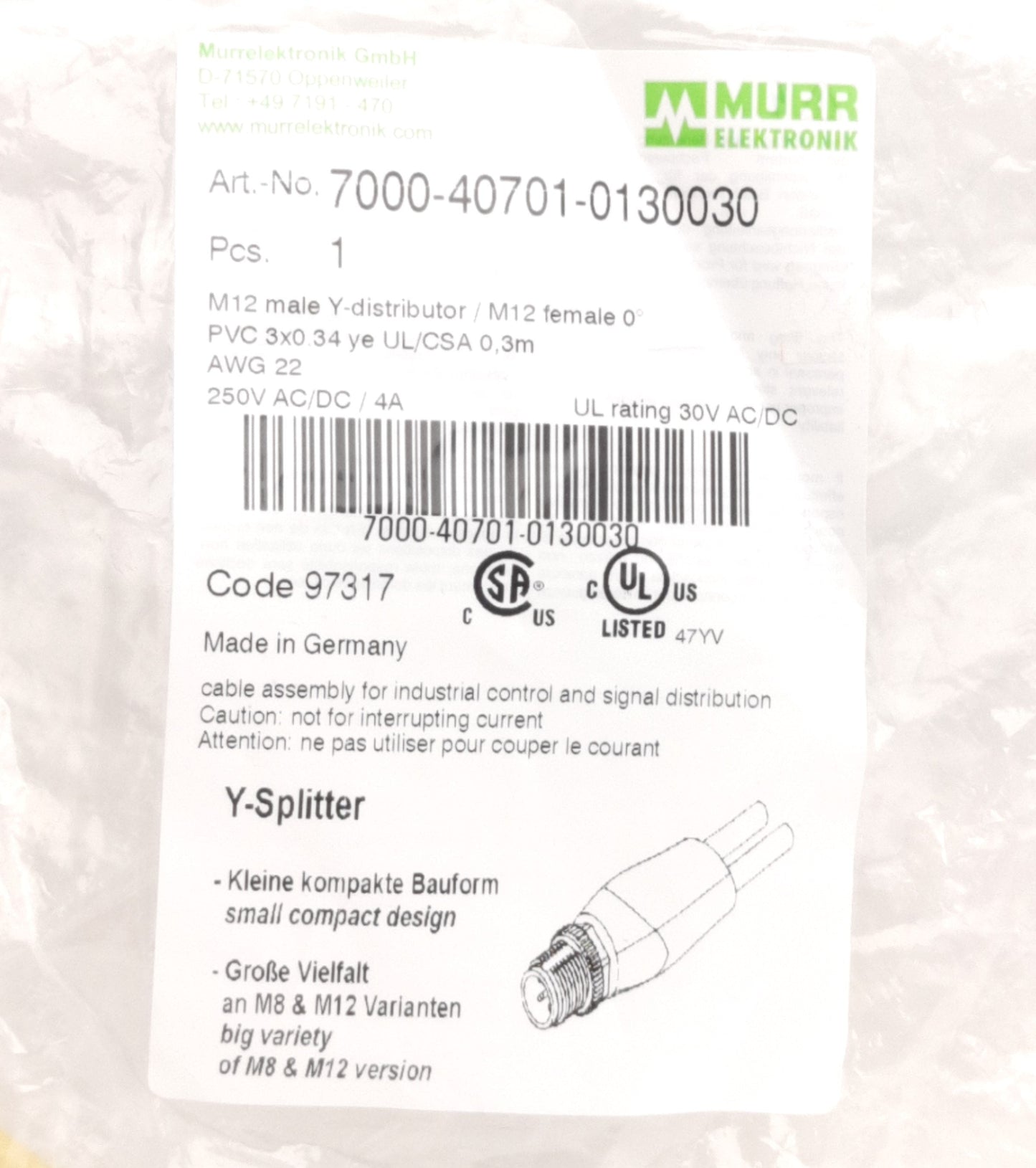 New Murr Elektronik 7000-40701-0130030 Y-Splitter, M12 Male to Two M12 Females, 0.3m