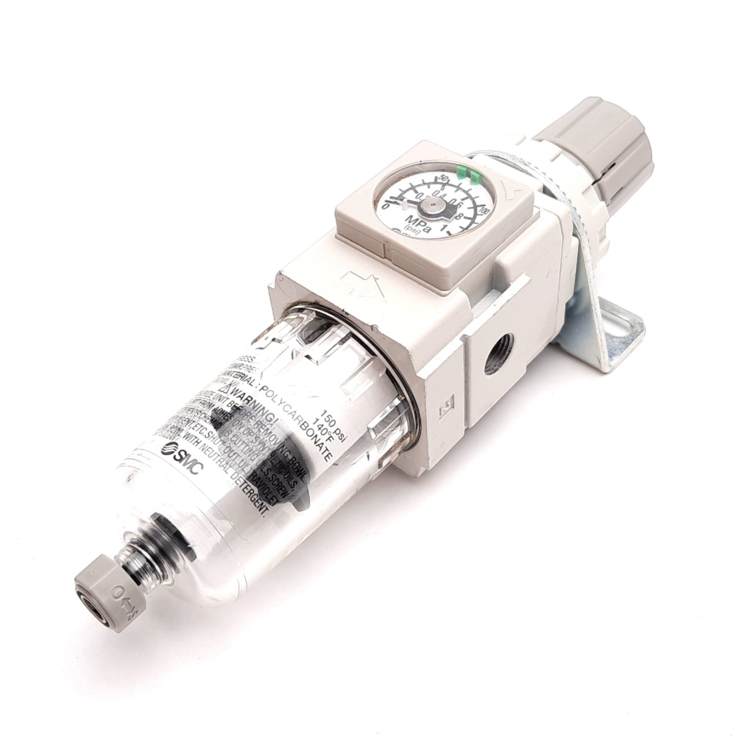 Used SMC AW20-N01E-Z-B Filter/Regulator, Set: 7-125psi, 1/8" NPT, W/ 0-150psi Gauge