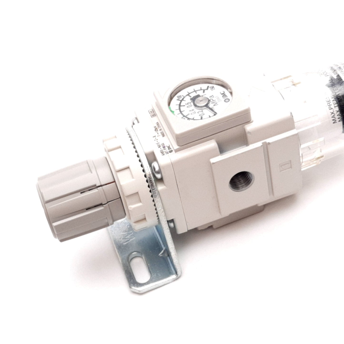 Used SMC AW20-N01E-Z-B Filter/Regulator, Set: 7-125psi, 1/8" NPT, W/ 0-150psi Gauge