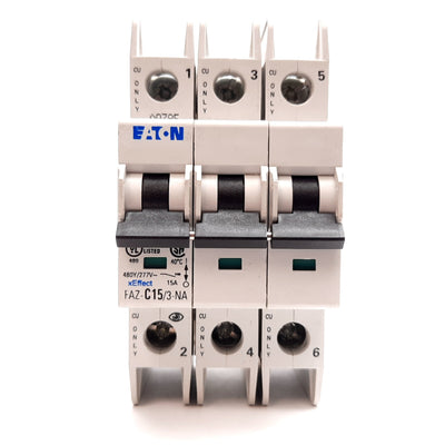 Used Eaton FAZ-C15/3-NA Circuit Breaker, 3-Pole, C-Curve, Rating: 15A 480Y/277VAC
