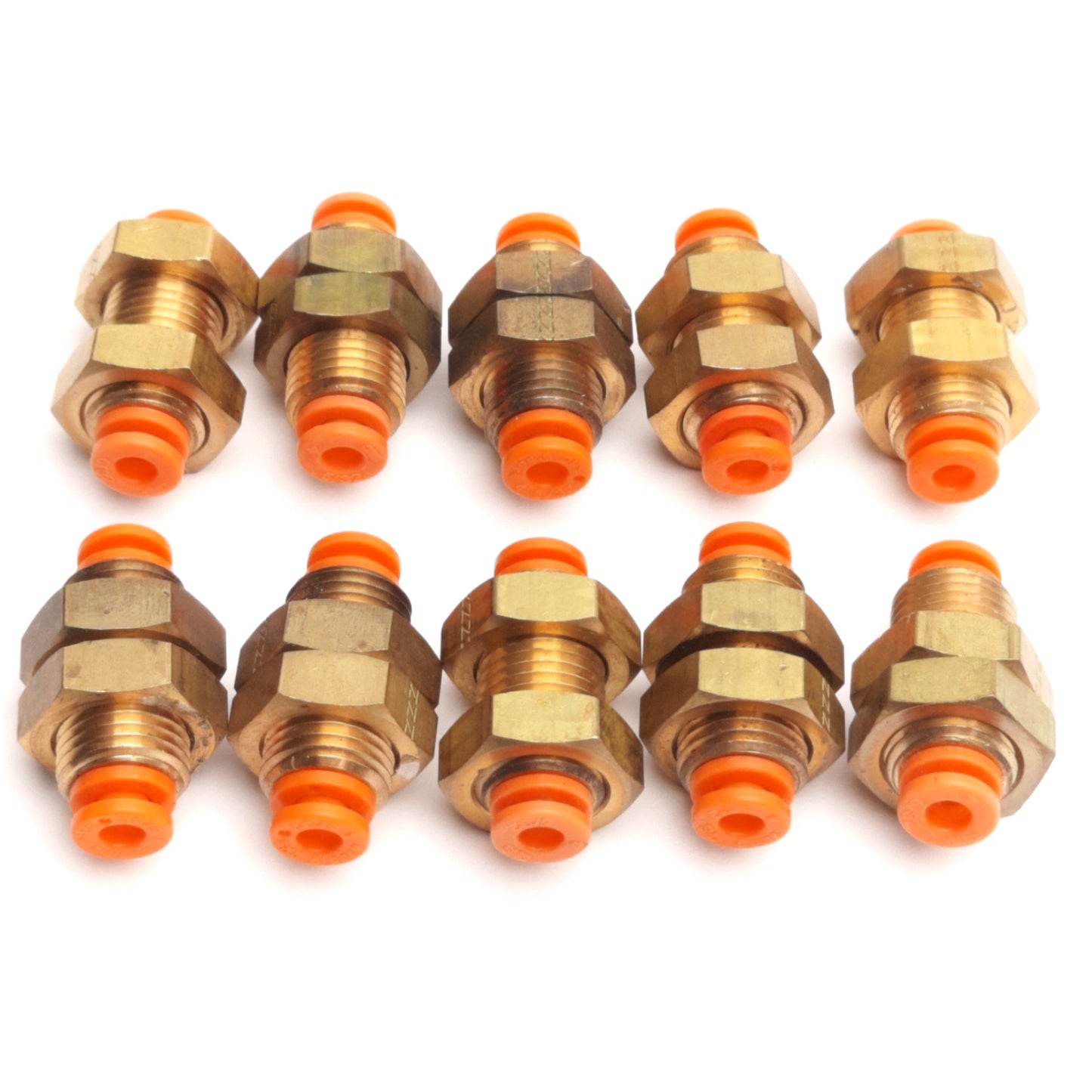 Used Lot of 10 SMC KQ2E03-00A Bulkhead Union, 5/32" P2C, 1/2-20UNF Thread, 1MPa Max