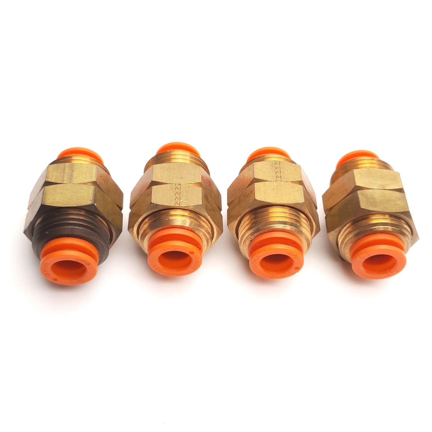 Used Lot of 4 SMC KQ2E04-00A Bulkhead Union 3/8" Push to Connect, 7/8-14UNF Thread