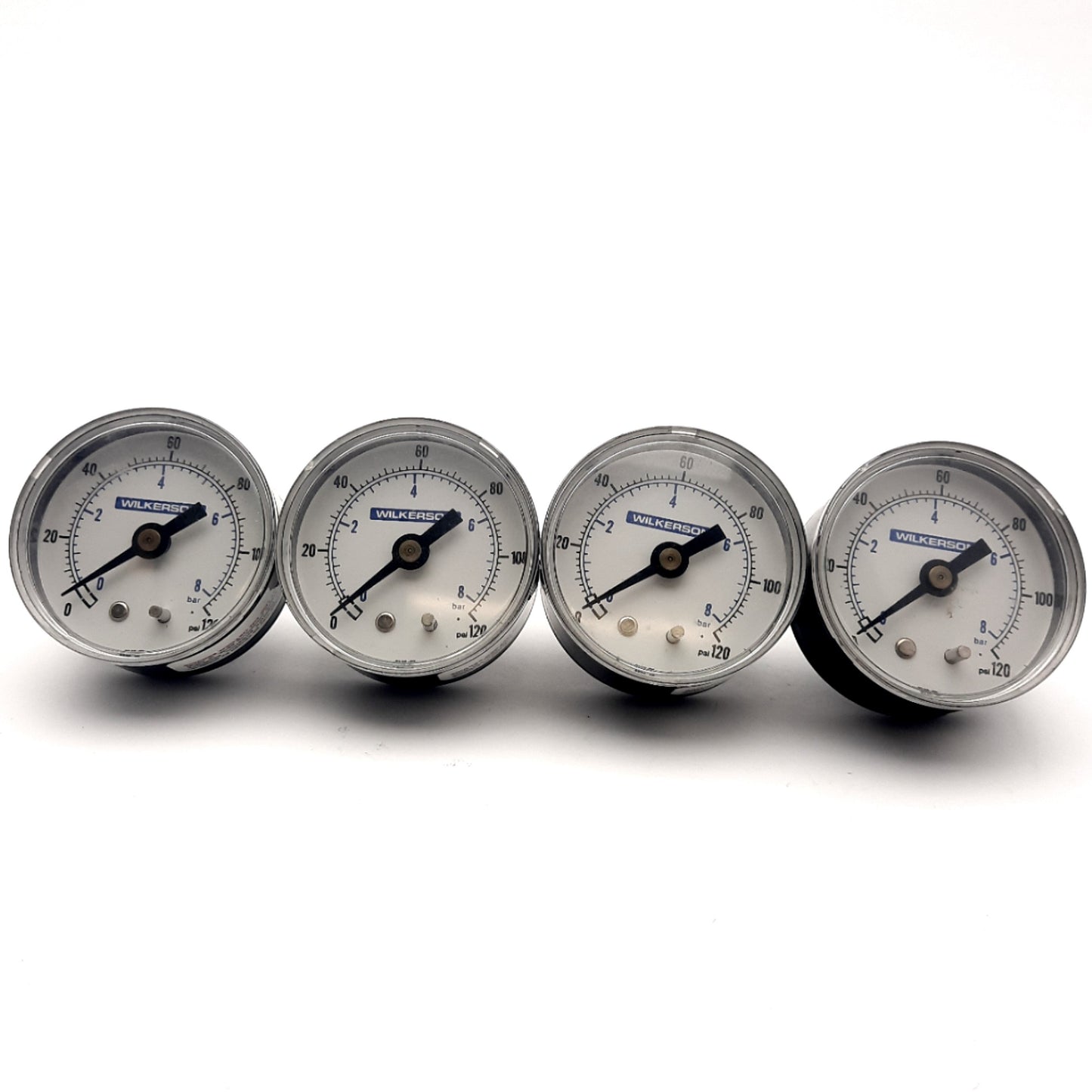 Used Lot of 4 Wilkerson Dual Scale Pressure Gauge, 0-120psi, 0-8bar, Back Connector
