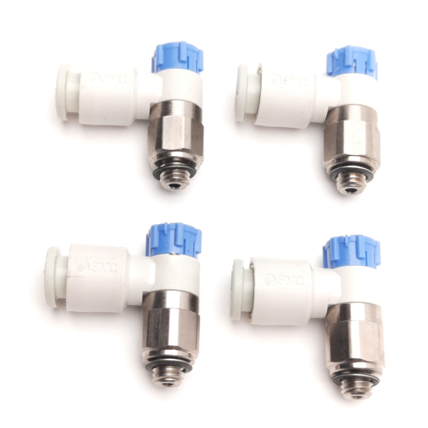 Used Lot of 4 SMC AS1211F-M5-06 Speed Control Elbow, 6mm P2C to M5, Meter-In