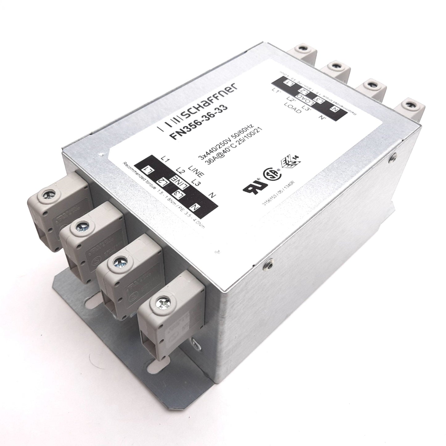 Used Schaffner FN356-36-33 Power Line Filter, 3-Phase, Rating: 440/250VAC 36A