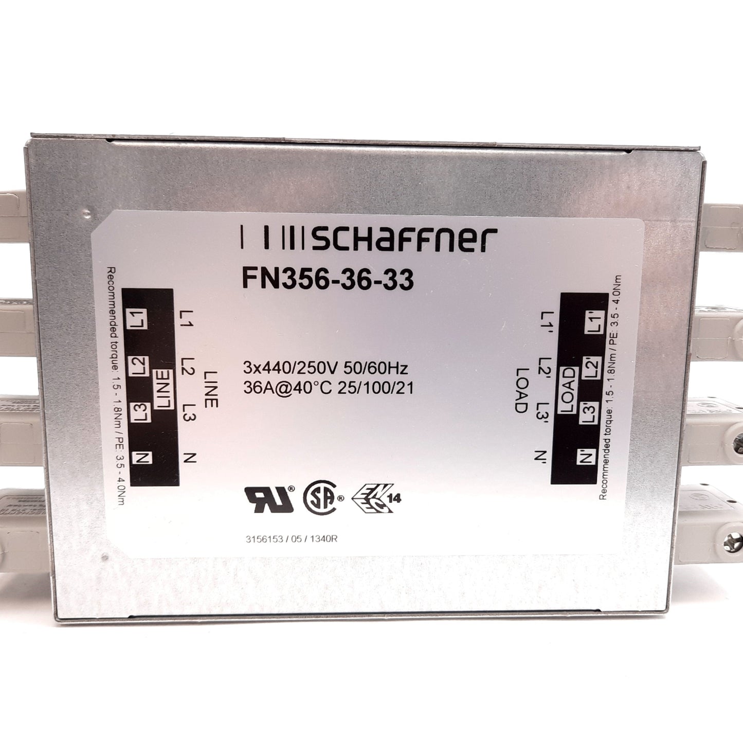 Used Schaffner FN356-36-33 Power Line Filter, 3-Phase, Rating: 440/250VAC 36A