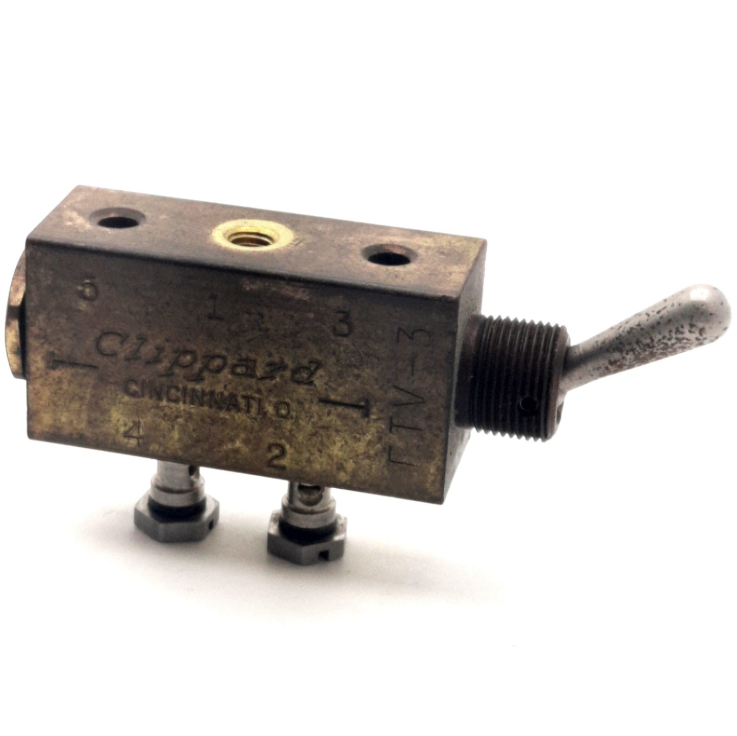 Used Clippard FTV-3 Toggle Valve, 2-Position, 150psi Max, 3x 10-32 Ports, 295 l/min