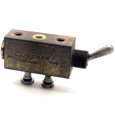Used Clippard FTV-3 Toggle Valve, 2-Position, 150psi Max, 3x 10-32 Ports, 295 l/min