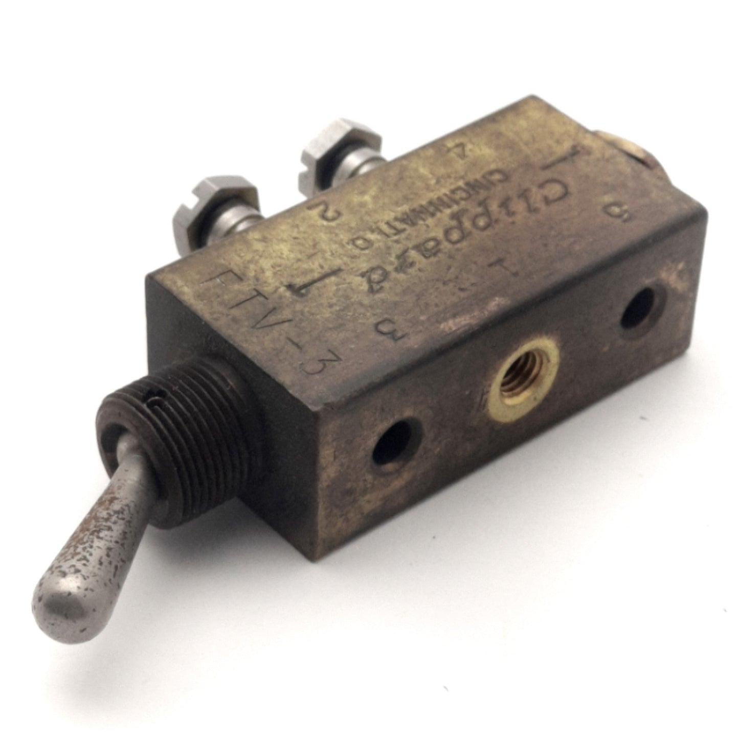 Used Clippard FTV-3 Toggle Valve, 2-Position, 150psi Max, 3x 10-32 Ports, 295 l/min