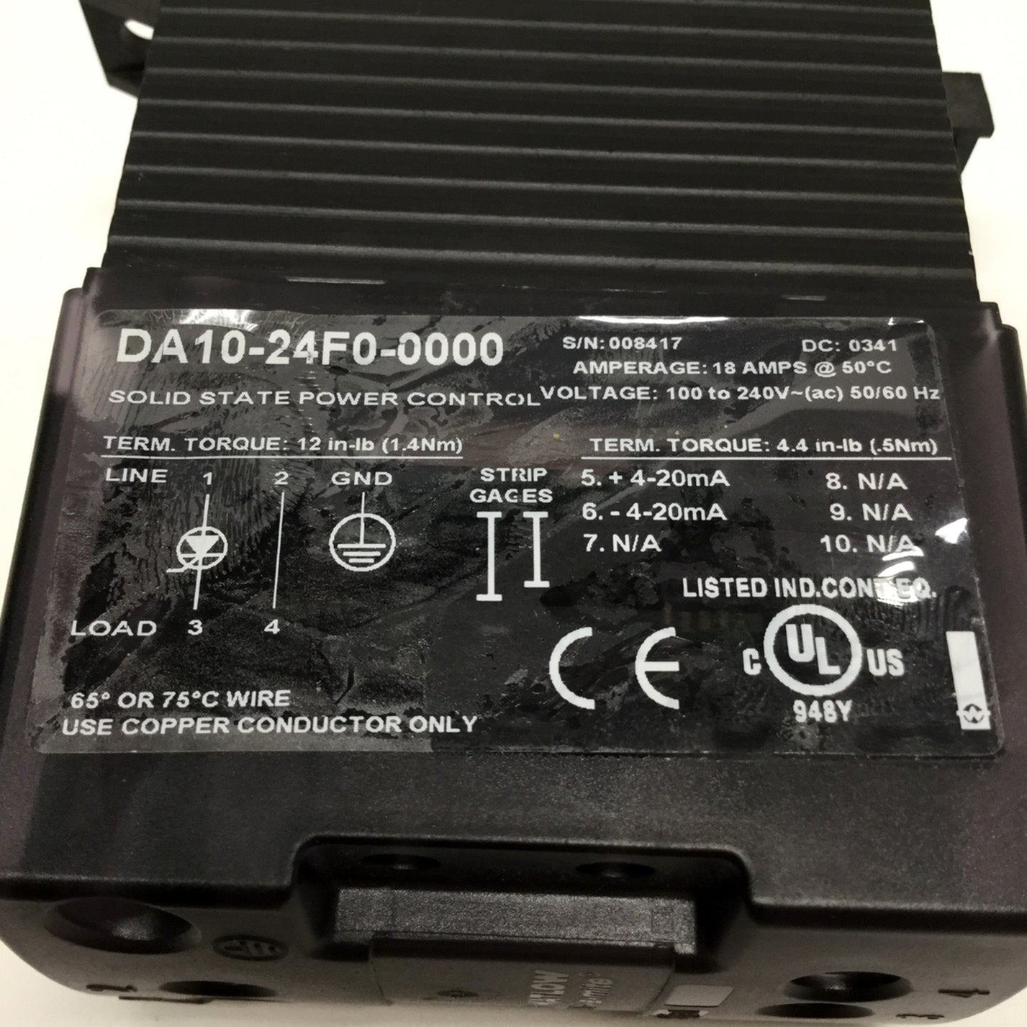 Used Watlow DA10-24F0-0000 Solid State Power Controller, 4-20mA, 100-240VAC 18A