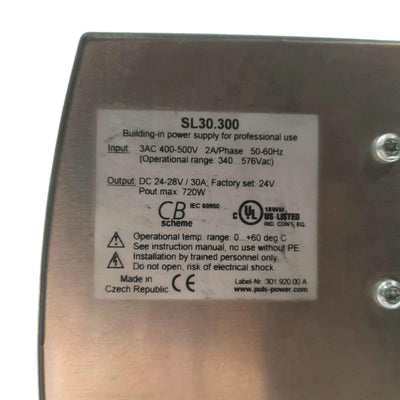 Used PULS SL30.300 Power Supply Out: 24VDC 30A In: 3PH 400-500VAC 50/60Hz 2A DIN Rail