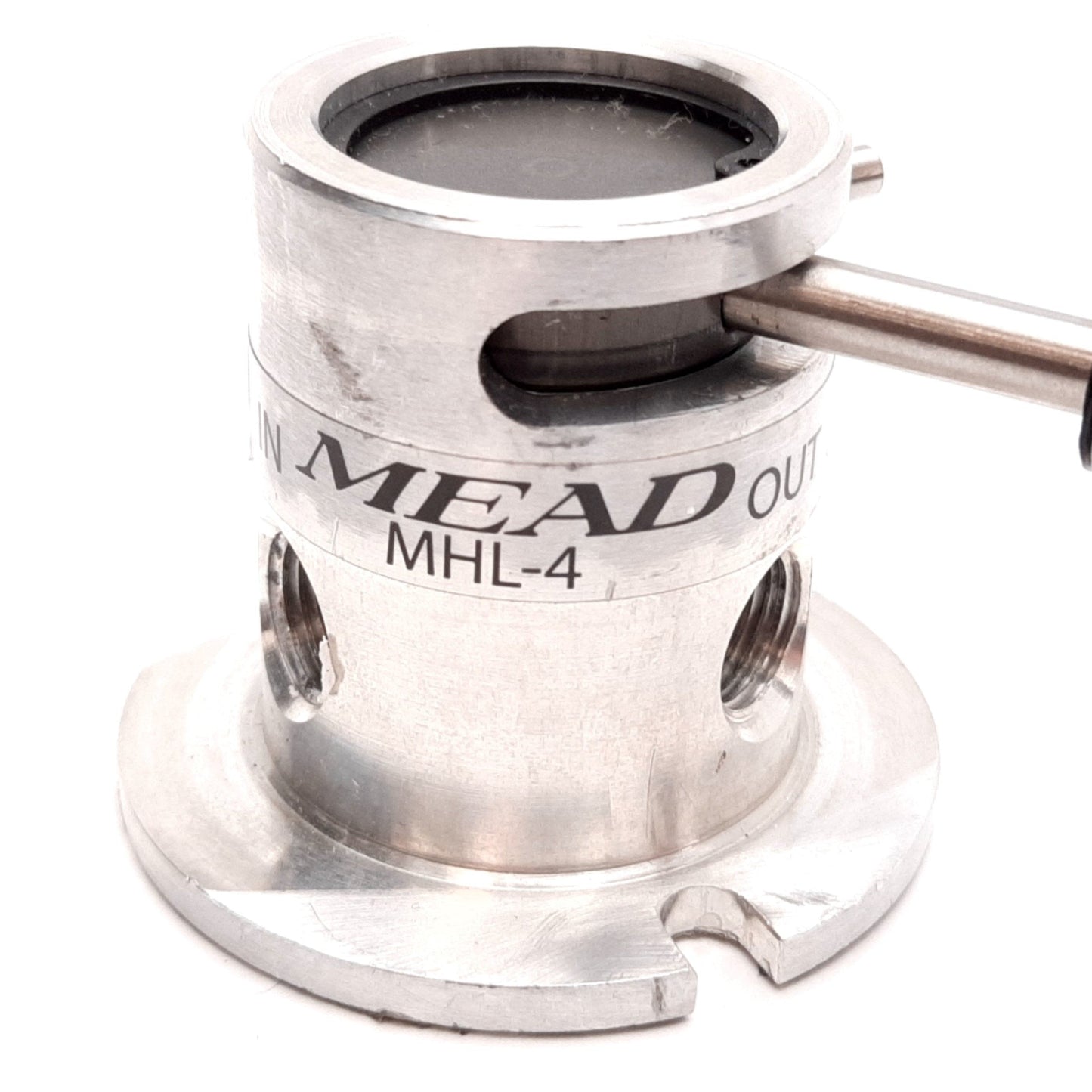 Used Mead MHL-4 3-Way Rotary Valve, 150PSI Max, 0.14CV, 1/8" FNPT, Aluminum Body
