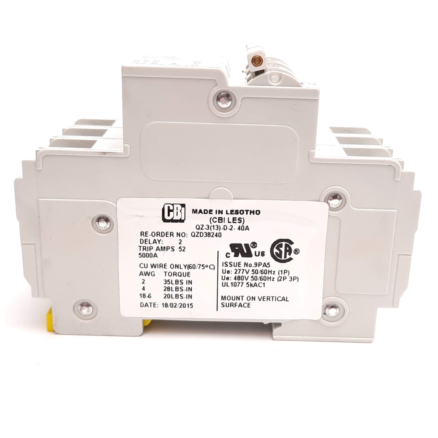 Used CBI QZ-3(13)-D2-40A Circuit Breaker, 3-Pole, Rating: 40A 277/480VAC, DIN Rail