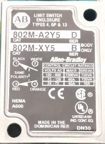 Used Allen Bradley 802M-A2Y5 Sealed Rotary Switch, 15° Travel CCW, 600V AC / 24V DC