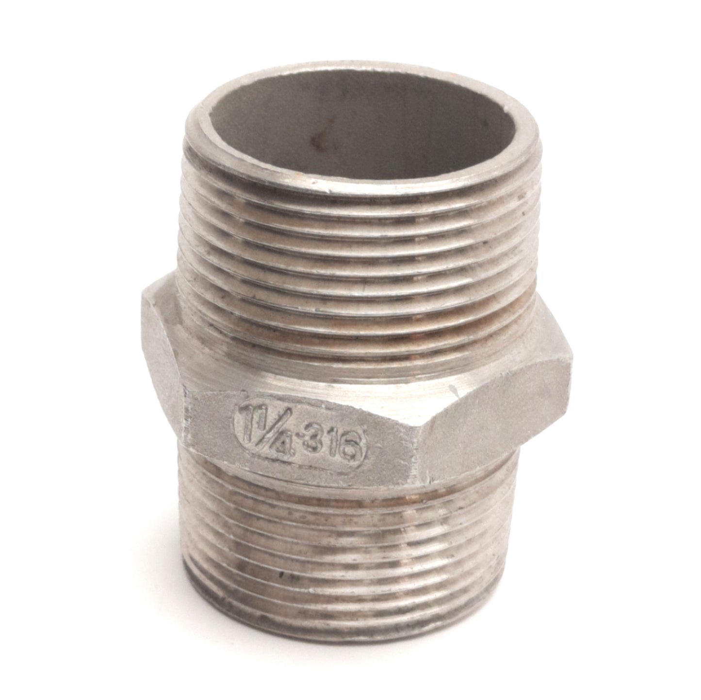 Used Stainless Steel Male Hex Nipple 316SS, 1-1/4" NPT Male to 1-1/4" NPT Male