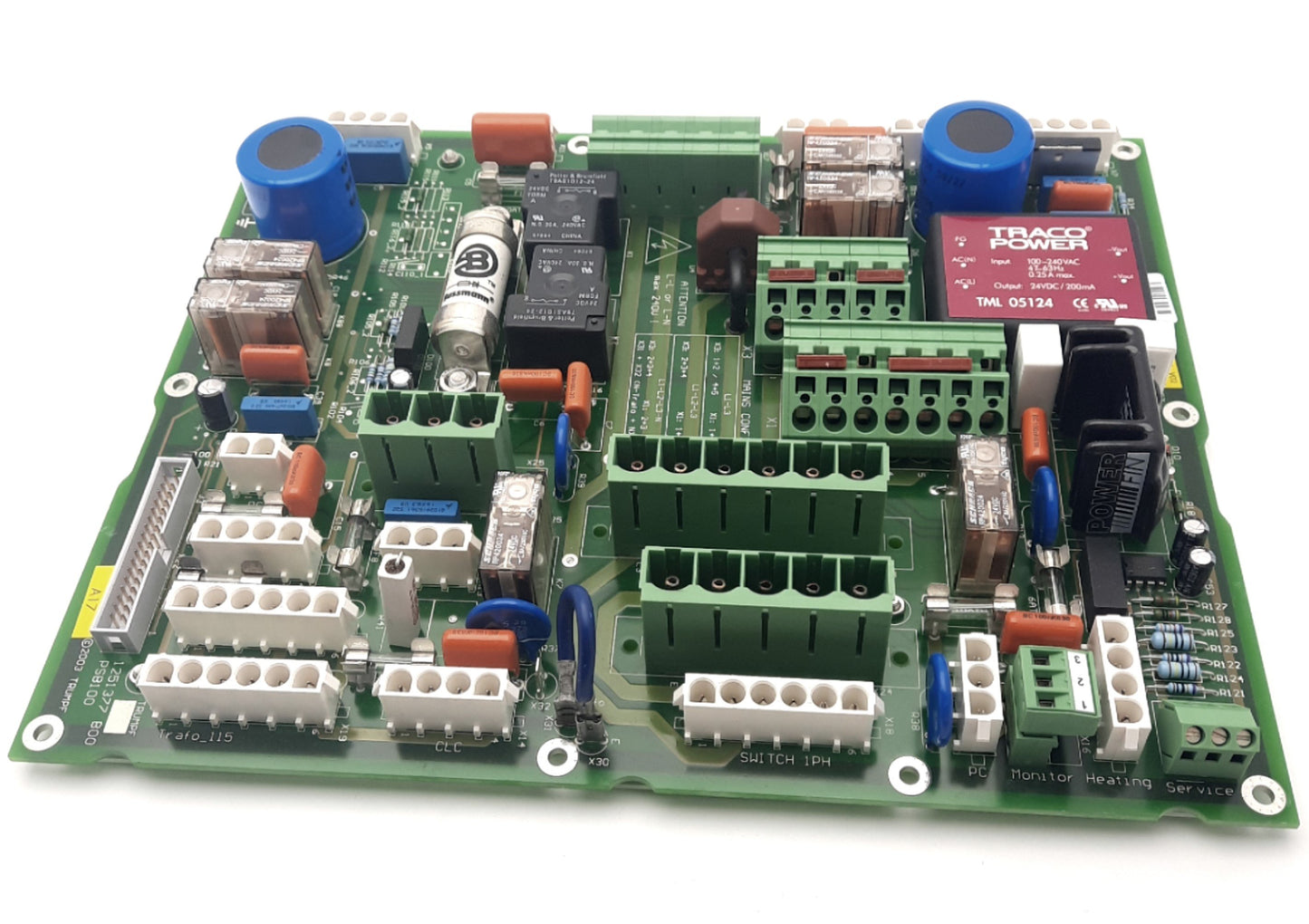 Used Trumpf 1251377 B00 PSB100 Power Supply Board, With 2x T9AS1D12-24 Relays, 24VDC