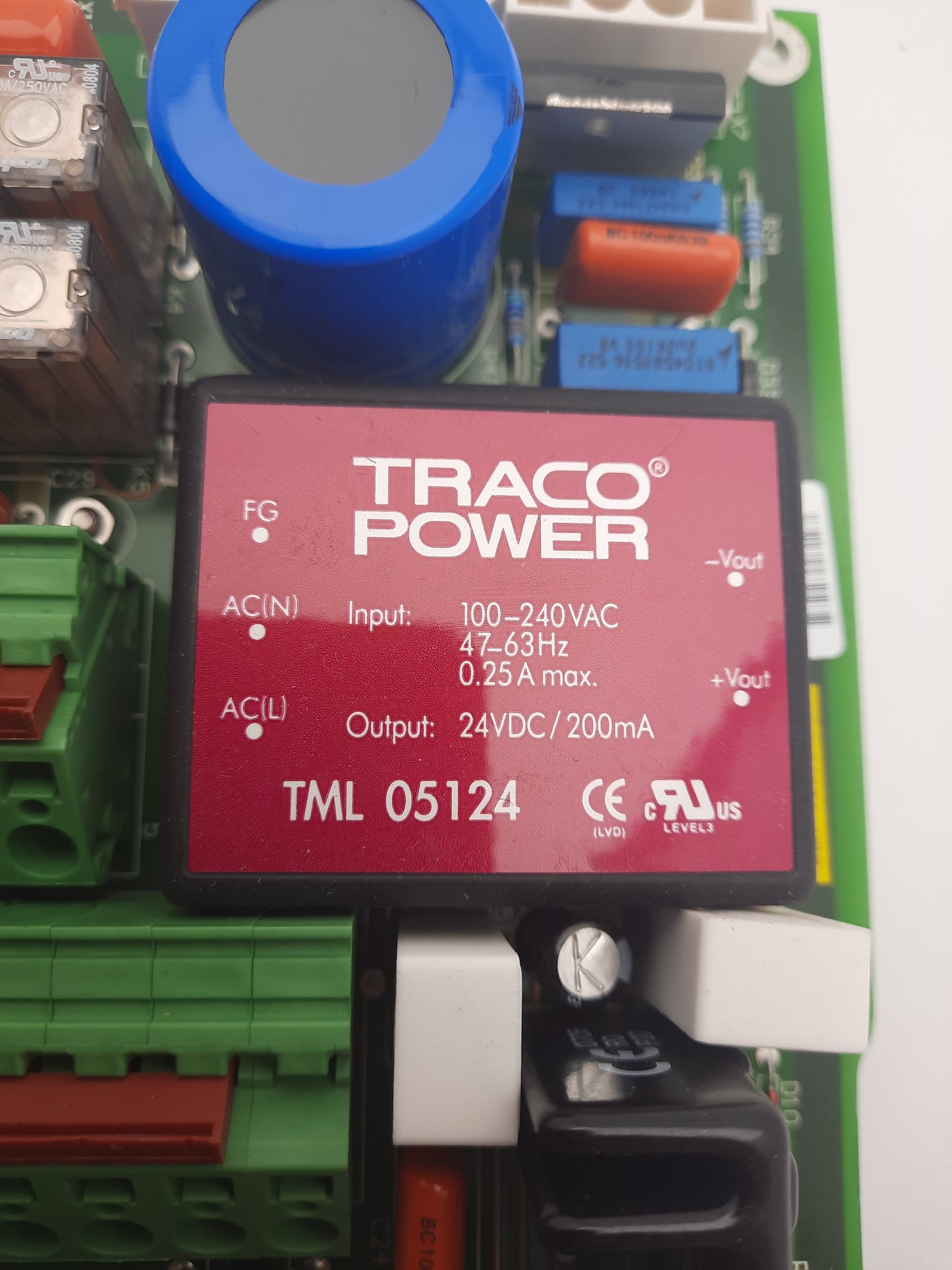 Used Trumpf 1251377 B00 PSB100 Power Supply Board, With 2x T9AS1D12-24 Relays, 24VDC
