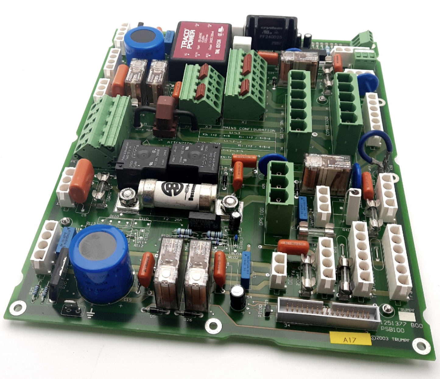 Used Trumpf 1251377 B00 PSB100 Power Supply Board, With 2x T9AS1D12-24 Relays, 24VDC