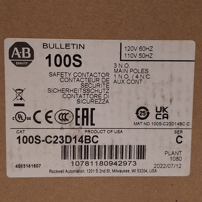 New Allen-Bradley 100S-C23D14BC Safety Contactor 3-Pole, 23A 400VAC, 110/120VAC Coil