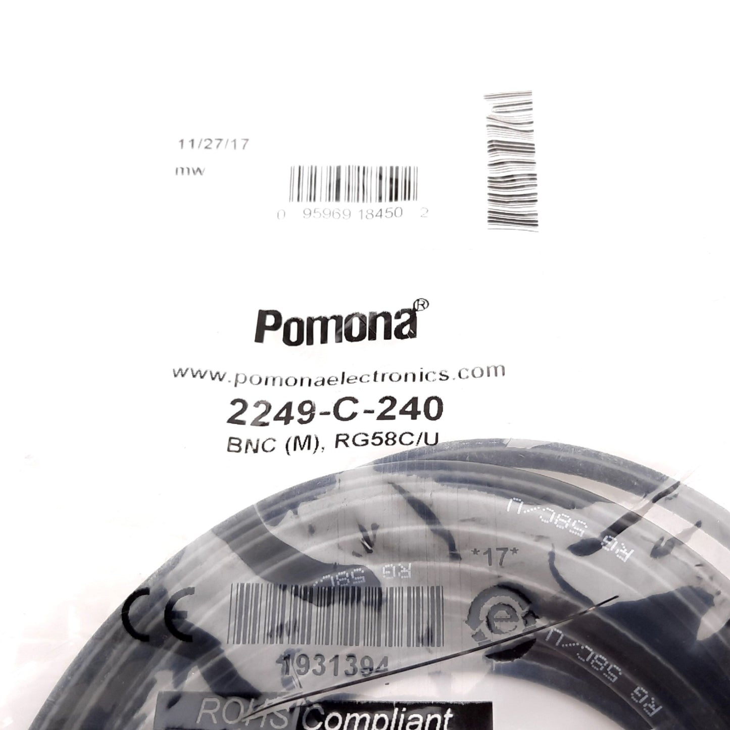 New Pomona 2249-C-240 BNC Coax Cable, 50 Ohm, 20 Feet Long, Male to Male
