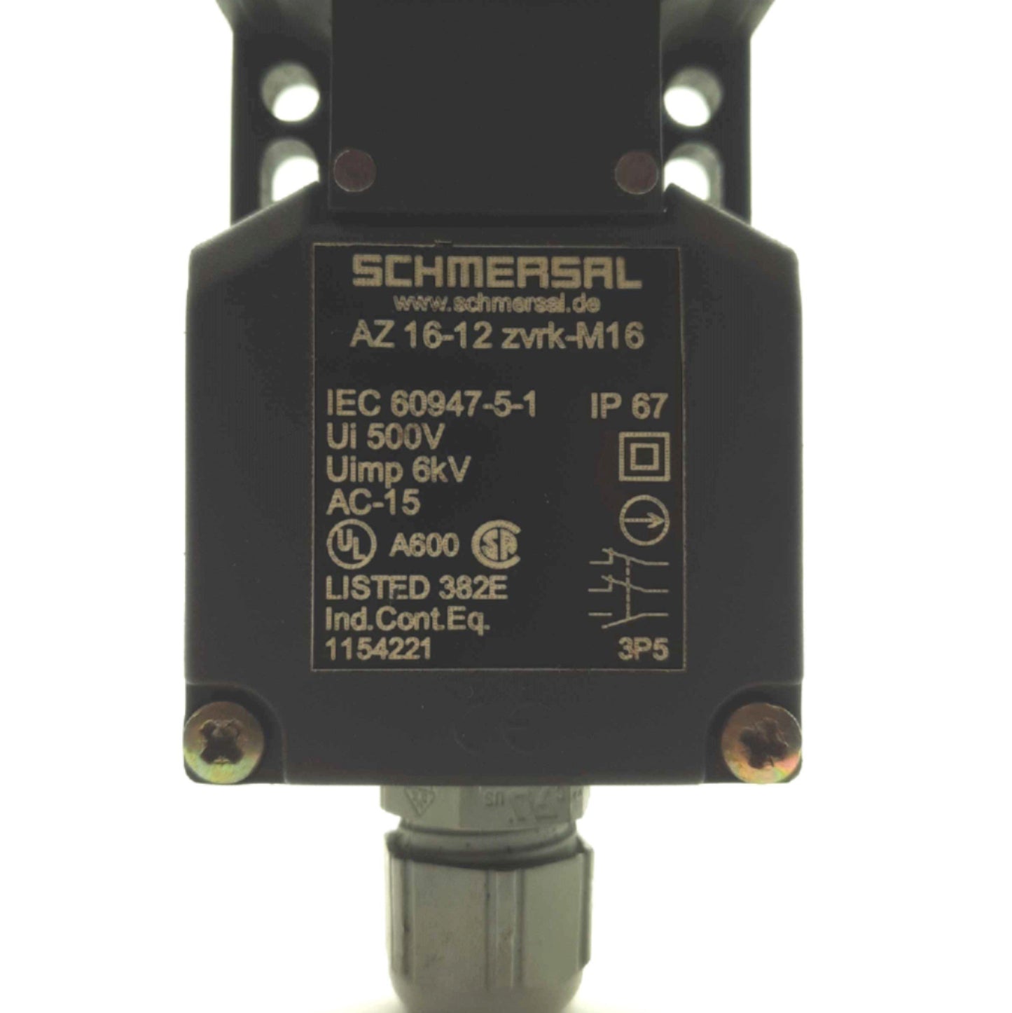 Used SCHMERSAL AZ16-12ZVRK-M16 Safety Door Switch 2x NC 1x NO 230VAC 4 A w/Key & Grip