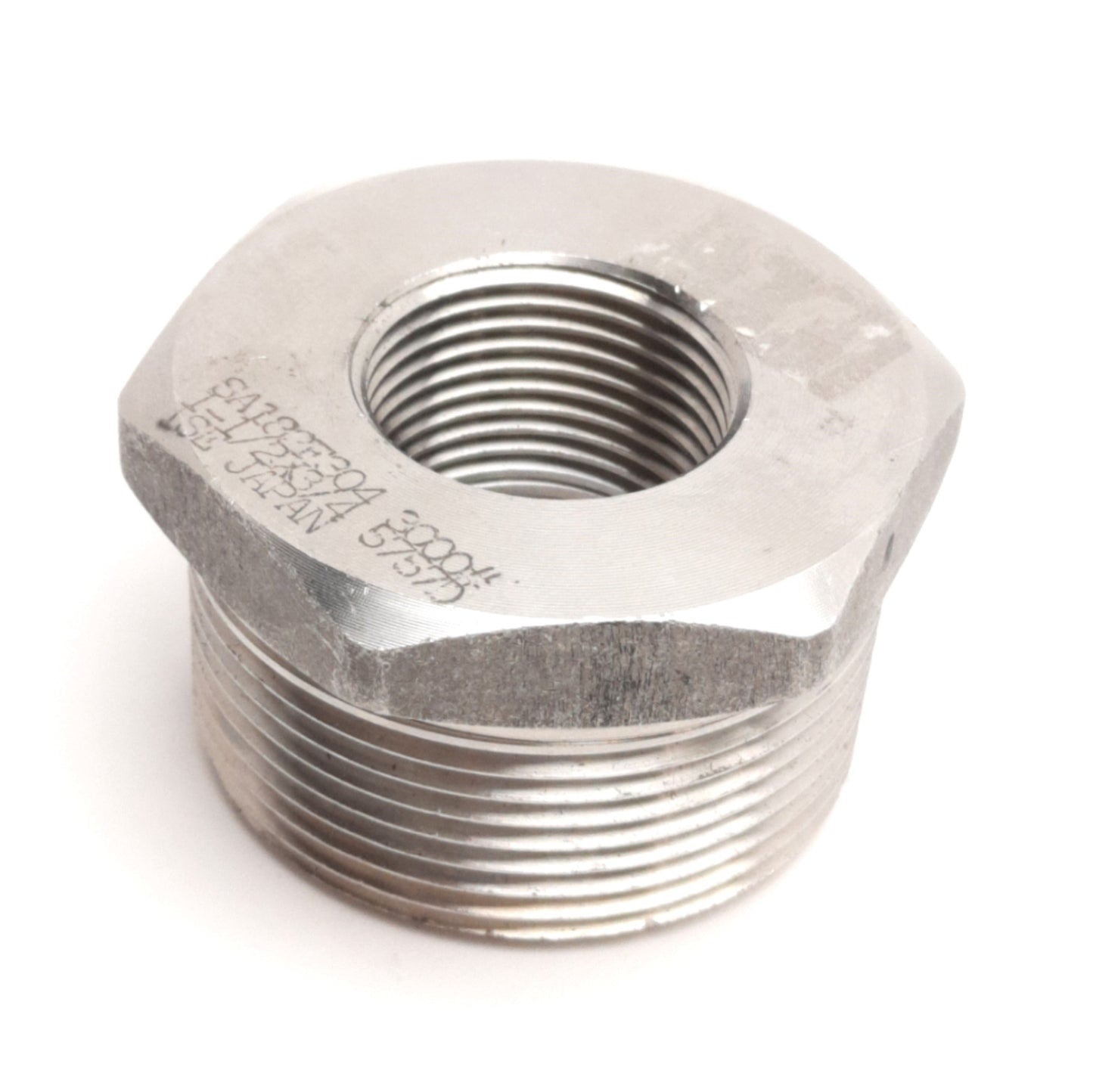 Used Stainless Steel Pipe Reducer Bushing 3/4" Female To 1-1/2" NPT Male, SA180F304