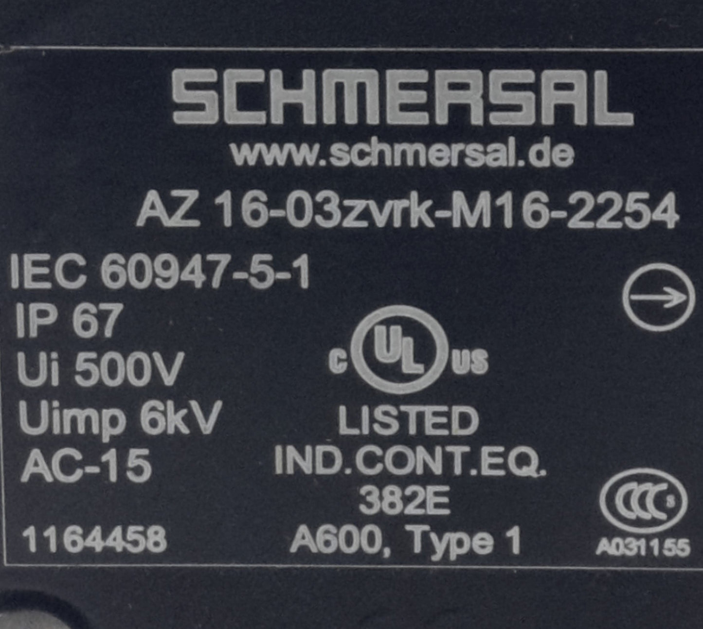 Used Schmersal AZ 16-03ZVRK-M16-2254 Safety Interlock Switch, 3NC Contact, M16 Ports