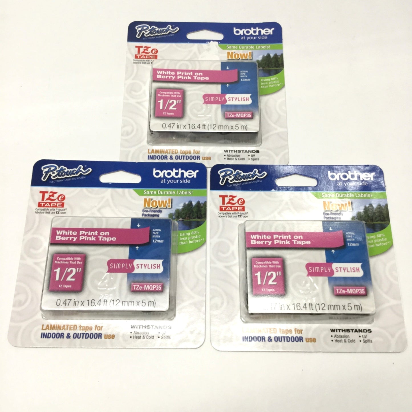 New Lot of 3 Brother TZe-MQP35 P-Touch Label Cartridge White on Berry Pink Tape 1/2"