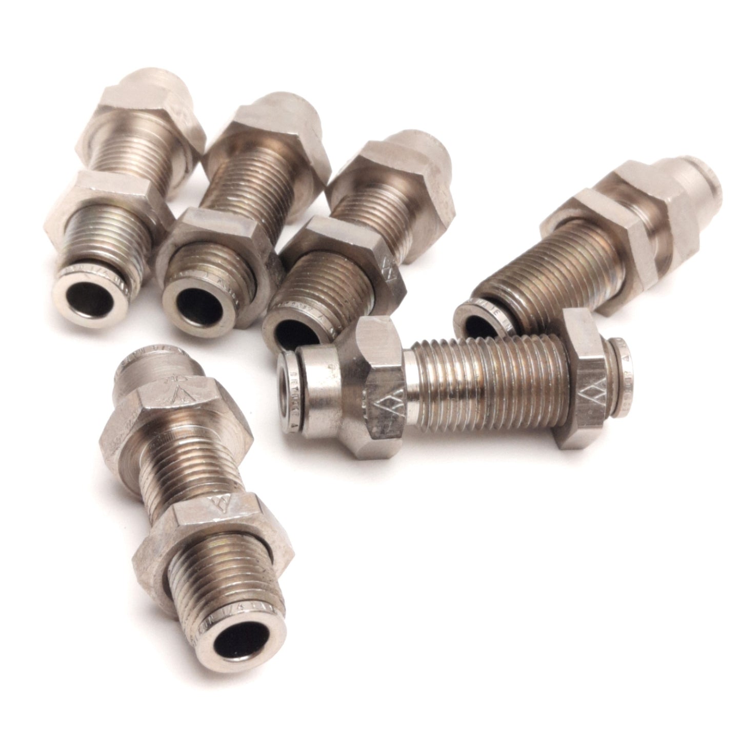 Used Lot of 6 Alkon AQ82-P-4 Push-In SS Bulkhead Union Fitting, 1/4" Tube, 1/2-20