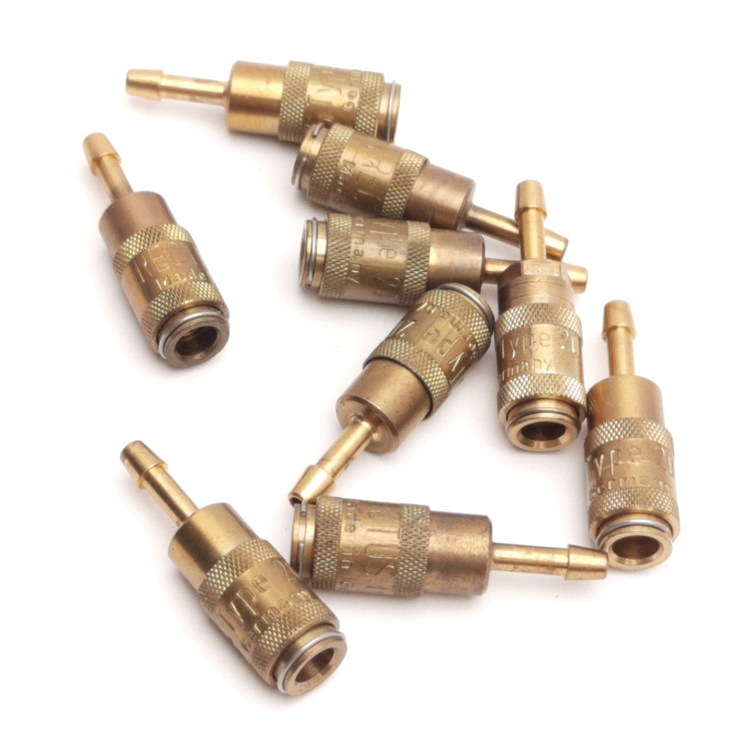 Used Lot of 9 Rectus Type 20 Pneumatic Quick Connect Couplers, 4mm Hose Barb