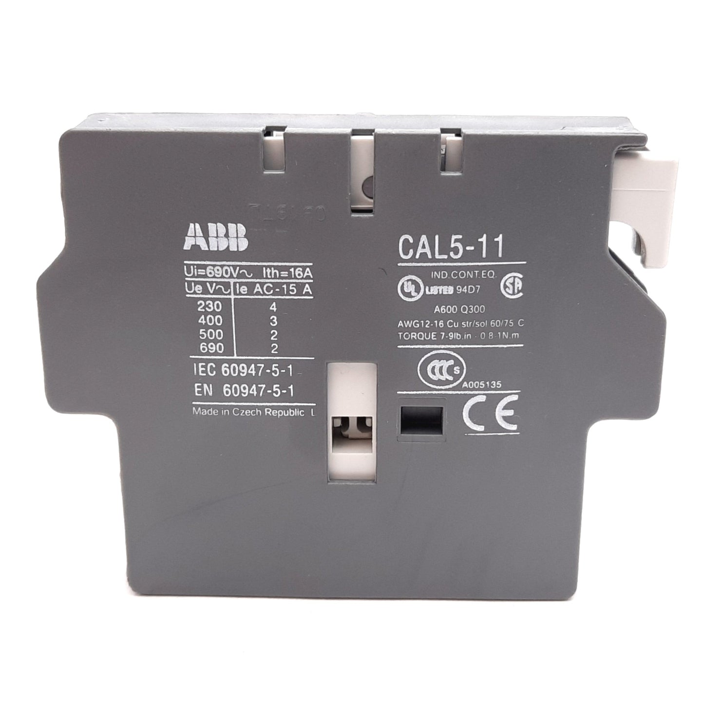 Used ABB CAL5-11 Auxiliary Contact Block, Side Mount, 2-Pole 1x N/O 1x N/C, 16A 690V